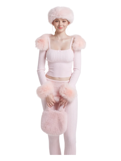 Colette Pink Fur Cable Knit Bolero Cardigan - Angel Ruche