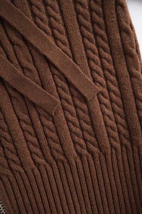 Fur Trim Mocha Cable Knit Zip Up Cardigan (Brown) - Angel Ruche