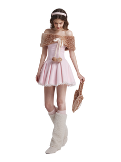 Woman in a pink dress with a fur shrug and white knee-high socks on a white background