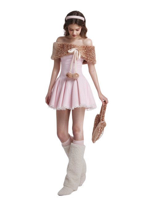 Woman in a pink dress with a fur shrug and white knee-high socks on a white background
