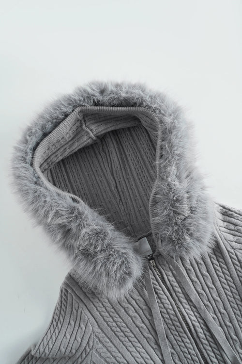 Fur Trim Cozy Cloud Cable Knit Cardigan (Grey) - Angel Ruche