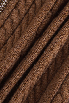 Fur Trim Mocha Cable Knit Zip Up Cardigan (Brown)