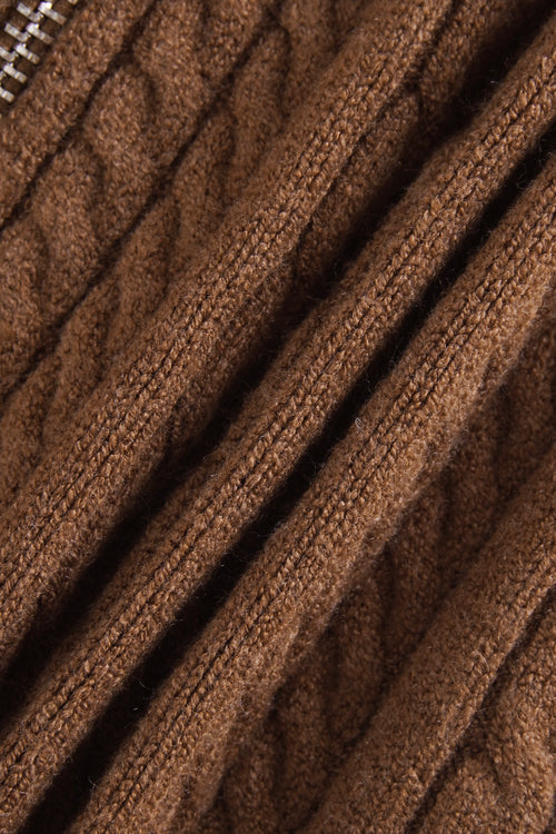 Fur Trim Mocha Cable Knit Zip Up Cardigan (Brown)