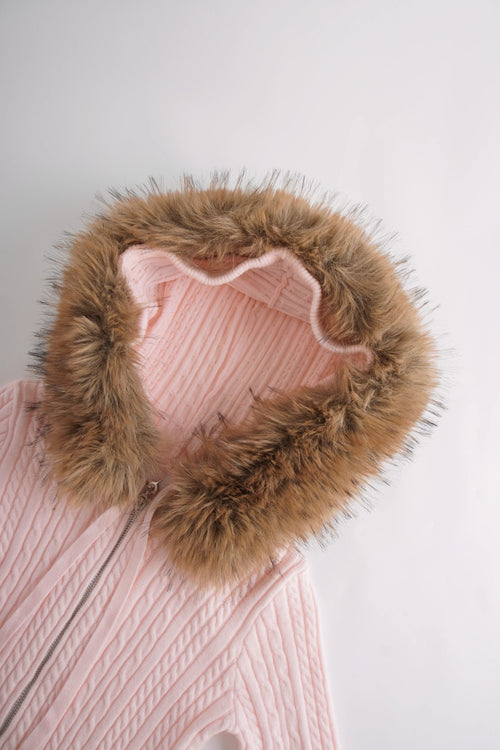 Fur Trim Strawberry Milk Cable Knit Cardigan (Pink) - Angel Ruche