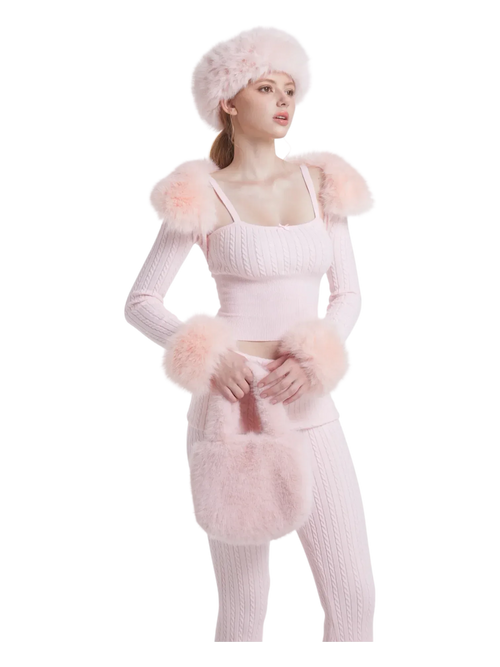 Colette Pink Fur Cable Knit Bolero Cardigan - Angel Ruche