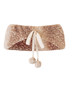Floral-patterned clutch with decorative ribbons and pom-poms on a white background