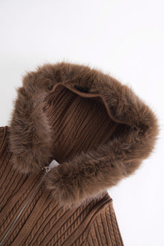 Fur Trim Mocha Cable Knit Zip Up Cardigan (Brown)