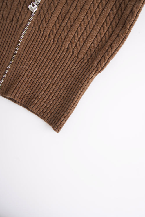 Fur Trim Mocha Cable Knit Zip Up Cardigan (Brown)