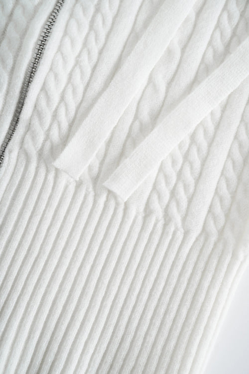 Fur Trim Marshmallow Cable Knit Cardigan (White)
