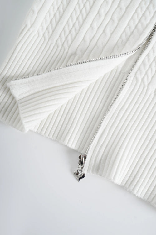 Fur Trim Marshmallow Cable Knit Cardigan (White)
