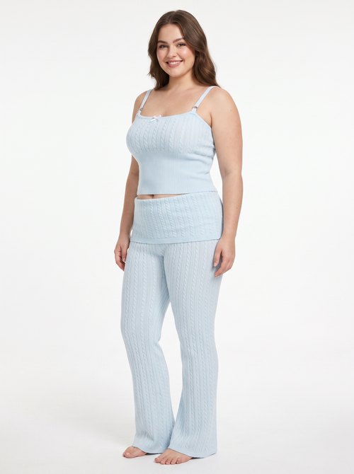 Colette Cable Knit Fold‑Over Pants  (Ice Blue)