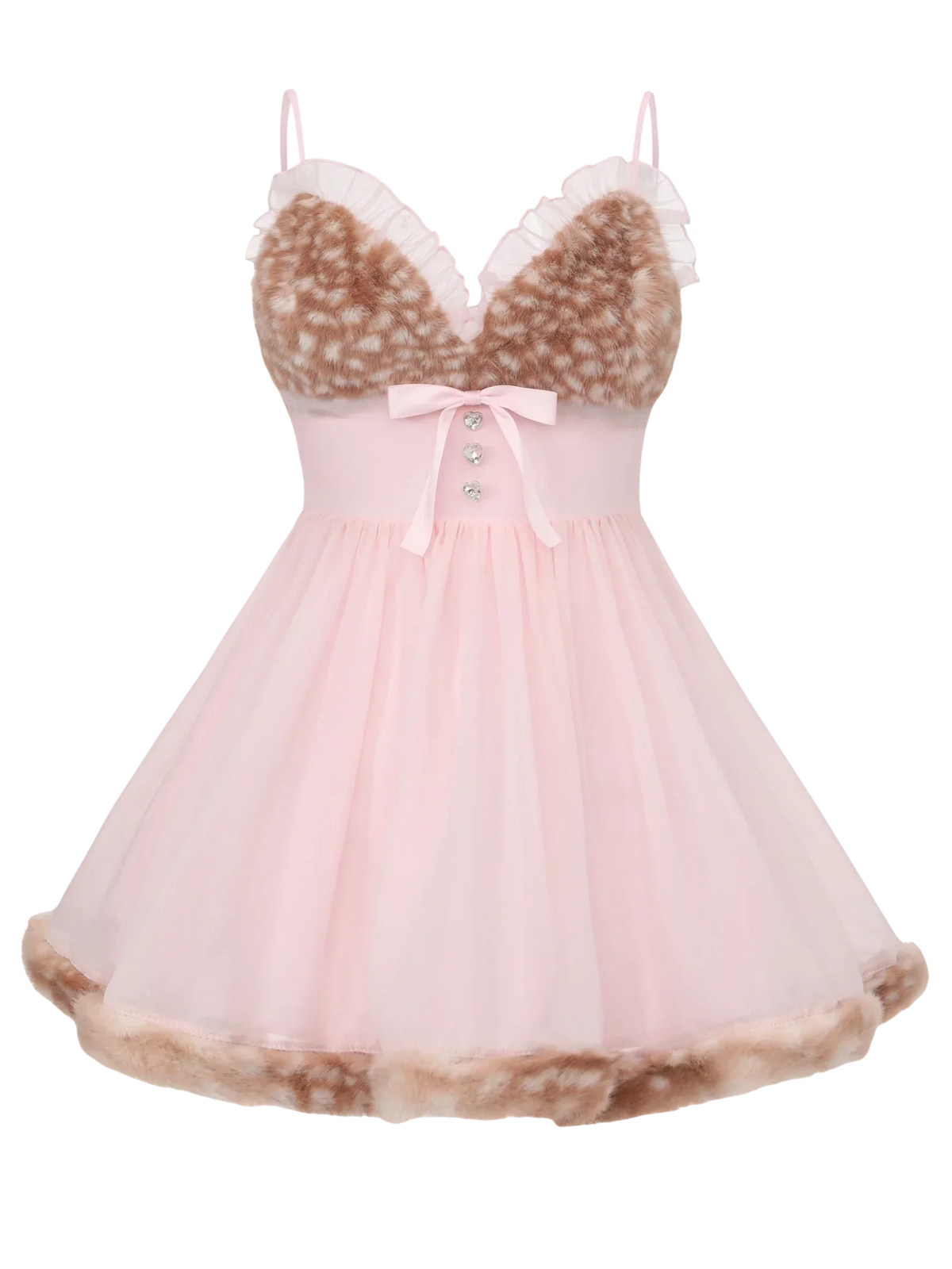 Bambi Princess Deer Print Fur Chiffon Babydoll Dress (Pink) XS/S