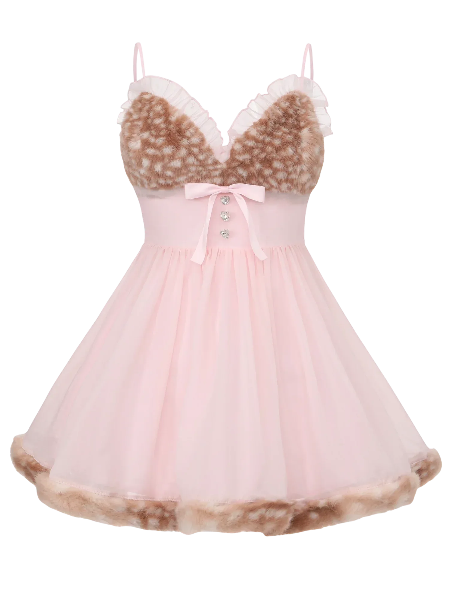 Bambi Princess Deer Print Fur Chiffon Babydoll Dress (Pink) XS/S