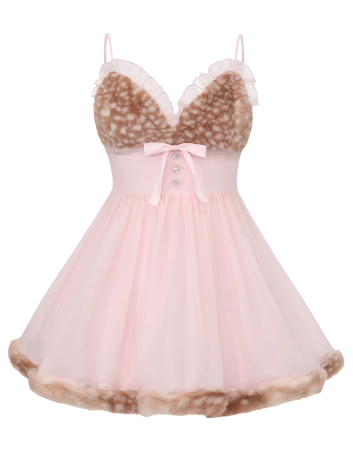 Bambi Princess Fur Chiffon Babydoll Dress (Pink)