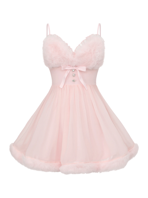 Rosé Princess Fur Chiffon Babydoll Dress - Angel Ruche