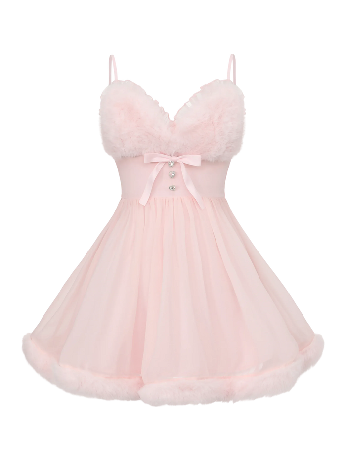 Rosé Princess Fur Chiffon Babydoll Dress
