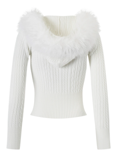 Fur Trim Marshmallow Cable Knit Cardigan (White)