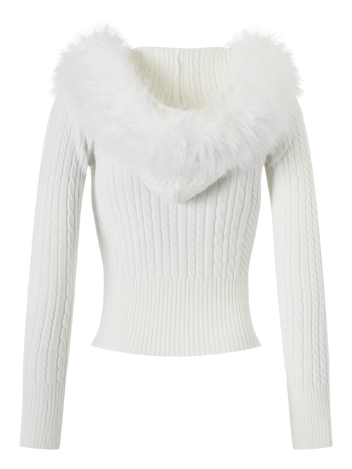 Fur Trim Marshmallow Cable Knit Cardigan (White)