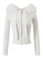 Fur Trim Marshmallow Cable Knit Cardigan (White)
