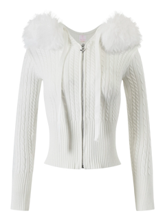 Fur Trim Marshmallow Cable Knit Cardigan (White)