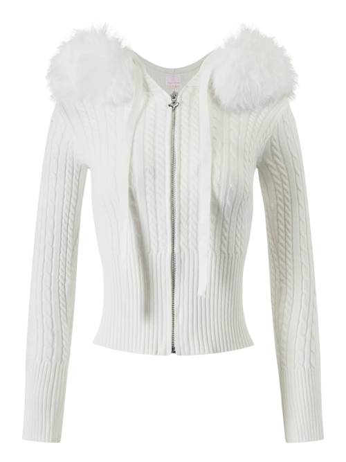 Fur Trim Marshmallow Cable Knit Cardigan (White)