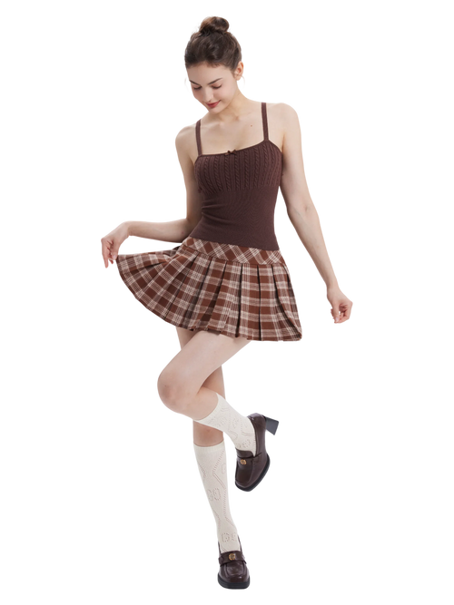 Girly Plaid Pleated High Rise Skirt (Brown)