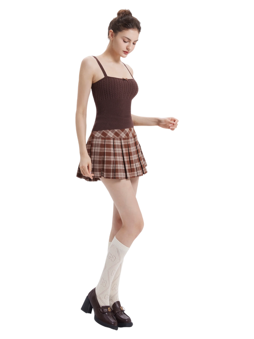 Girly Plaid Pleated High Rise Skirt (Brown)