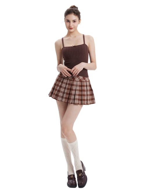 Girly Plaid Pleated High Rise Skirt (Brown)