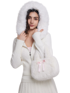 Fur Trim Marshmallow Cable Knit Cardigan (White)