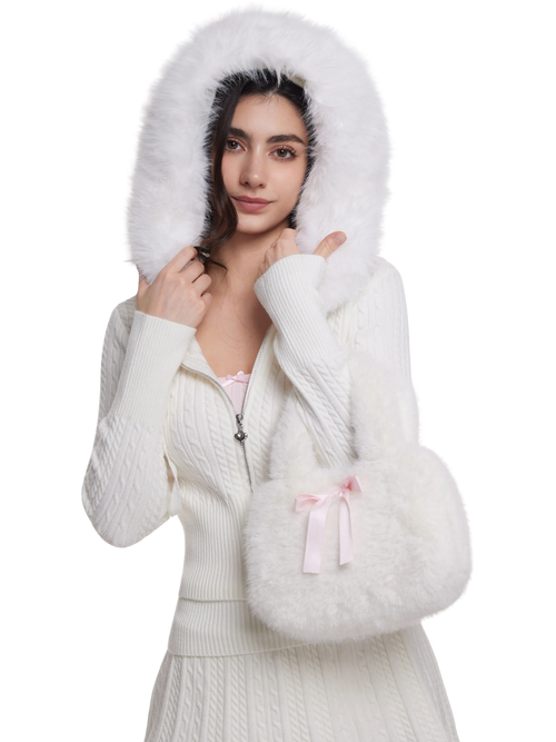 Fur Trim Marshmallow Cable Knit Cardigan (White)