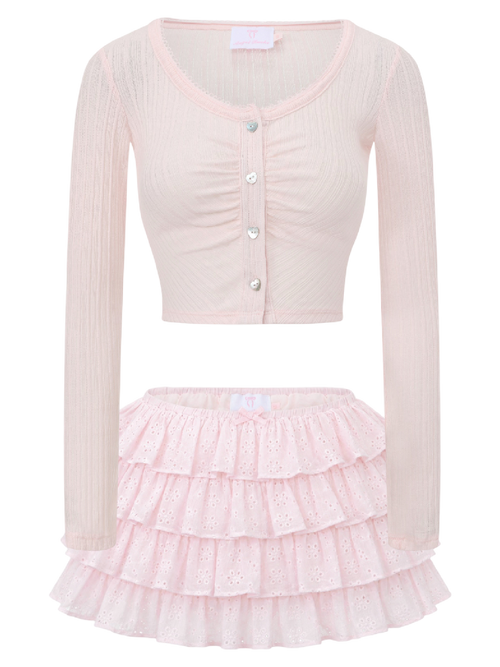 Coquette Frilly Cotton Shell Cardigan (Pink) - styling detail - Angel Ruche