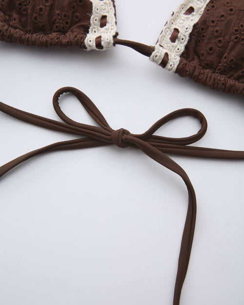 Coquette Cotton Eyelet Bikini Top (Brown)