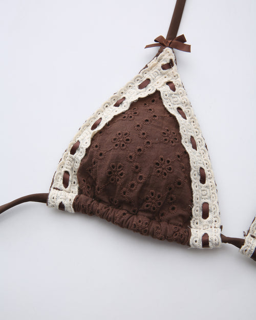Coquette Cotton Eyelet Bikini Top (Brown)