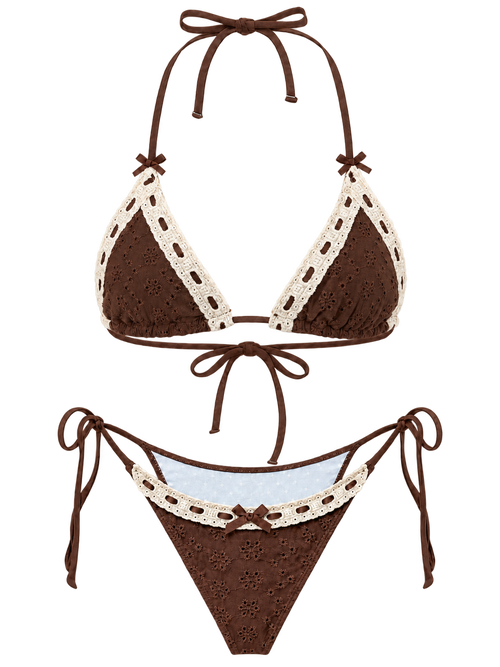 Coquette Cotton Eyelet Bikini Set (Brown)