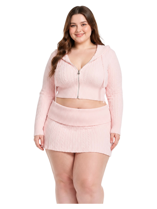 Strawberry Milk Cable Knit Fold Over Mid-Rise Skirt (Pink)