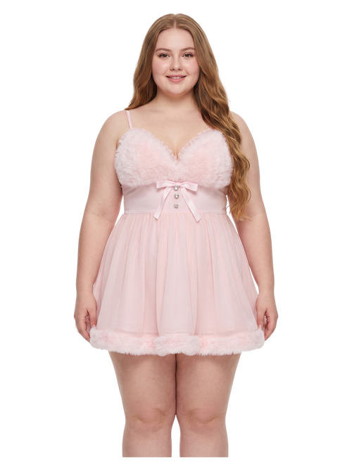 Rosé Princess Fur Chiffon Babydoll Dress