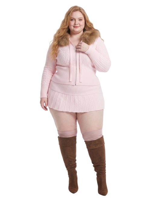Strawberry Milk Cable Knit Fold Over Mid-Rise Skirt (Pink)