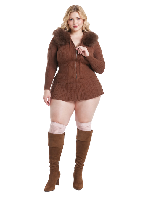 Fur Trim Mocha Cable Knit Set (Brown)