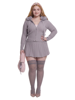 Fur Trim Cozy Cloud Cable Knit Cardigan (Grey)