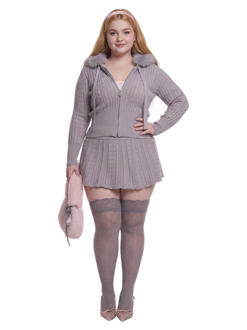 Fur Trim Cozy Cloud Cable Knit Cardigan (Grey)