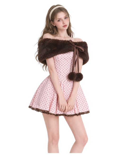 Sugar Pom Fur Pullover Stretchy Shoulder Cape (Brown)