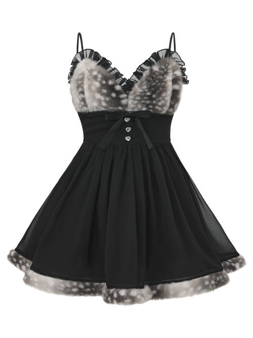 Bambi Princess Fur Chiffon Babydoll Dress (Black)