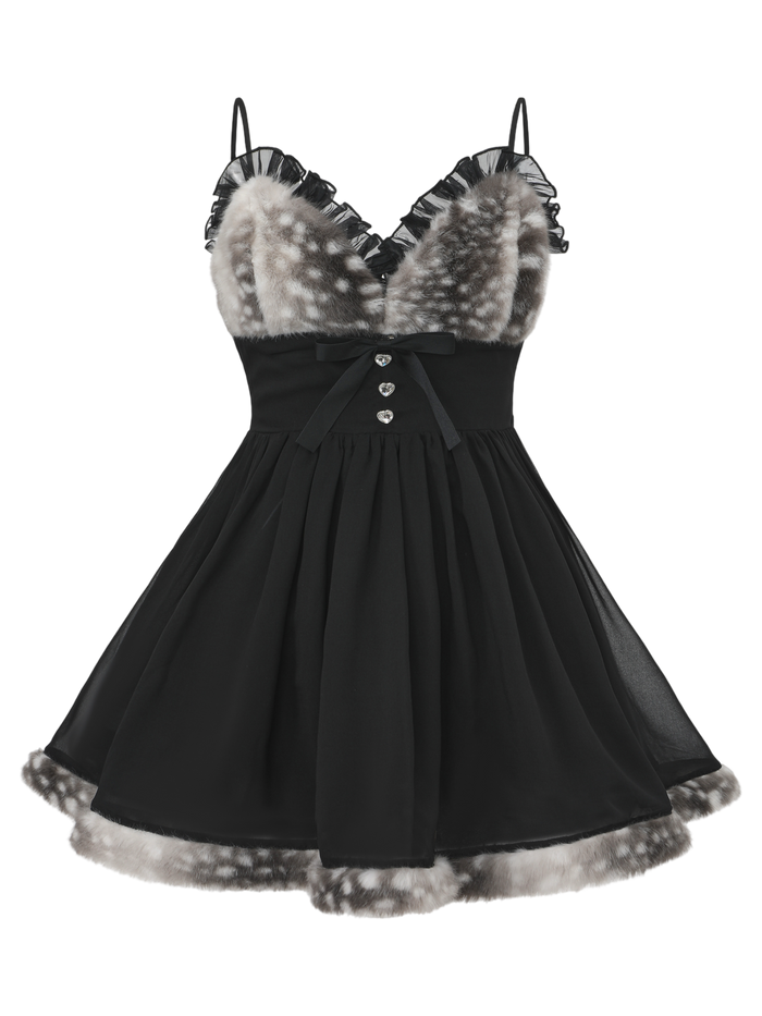 Bambi Princess Fur Chiffon Babydoll Dress (Black)