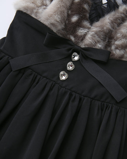Bambi Princess Fur Chiffon Babydoll Dress (Black)