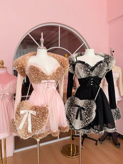 Bambi Princess Fur Chiffon Babydoll Dress (Black)