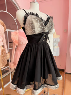 Bambi Princess Fur Chiffon Babydoll Dress (Black)