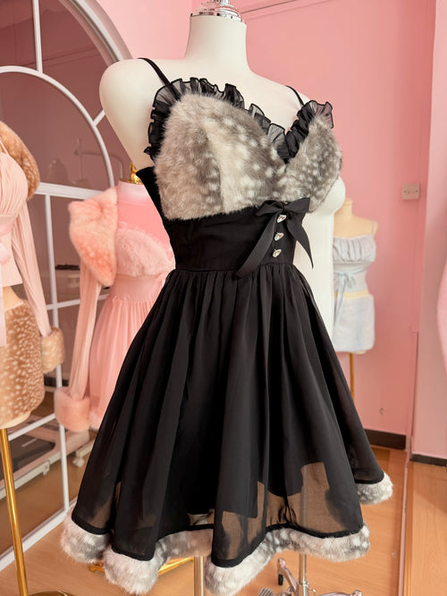 Bambi Princess Fur Chiffon Babydoll Dress (Black)