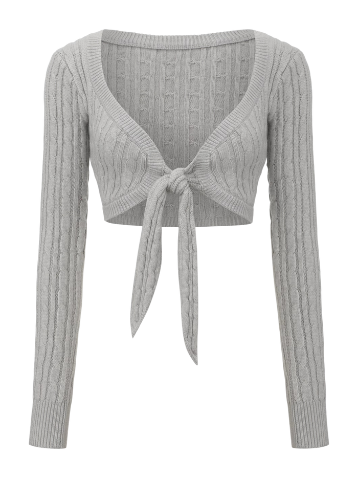Lovergirl Tie Front Cable Knit Cardigan (Grey)