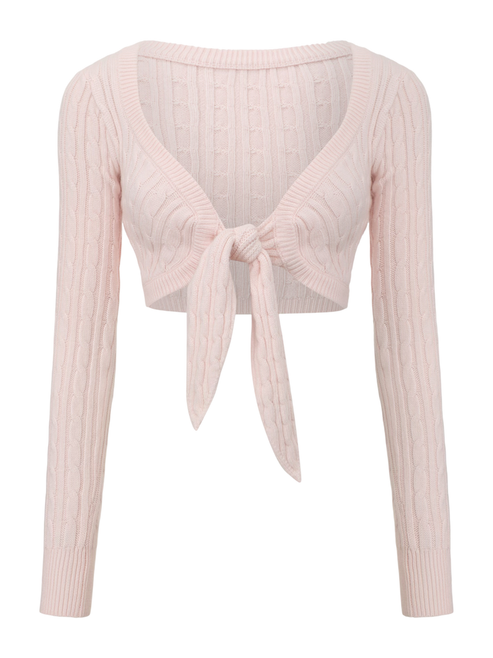 Lovergirl Tie Front Cable Knit Cardigan (Pink)