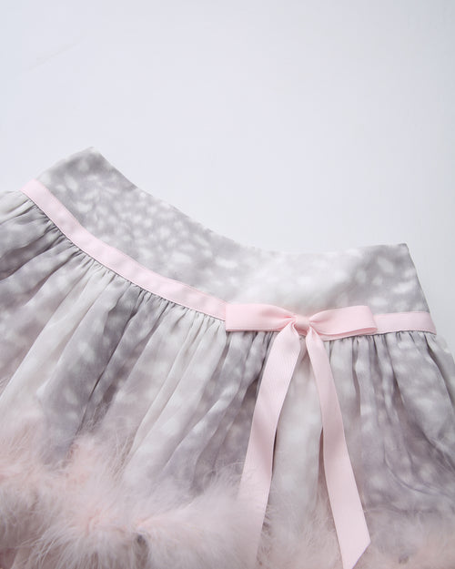Snow Deer Print Chiffon Fur Mini Skirt（Grey）